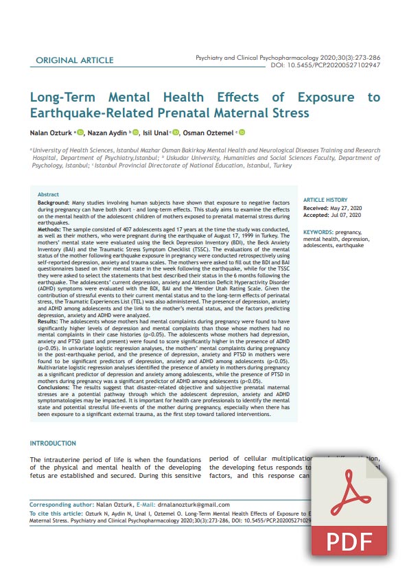 Anne Karnında Depreme Kaynaklı Strese Maruz Kalmasının Uzun Dönemli Psikolojik Etkileri